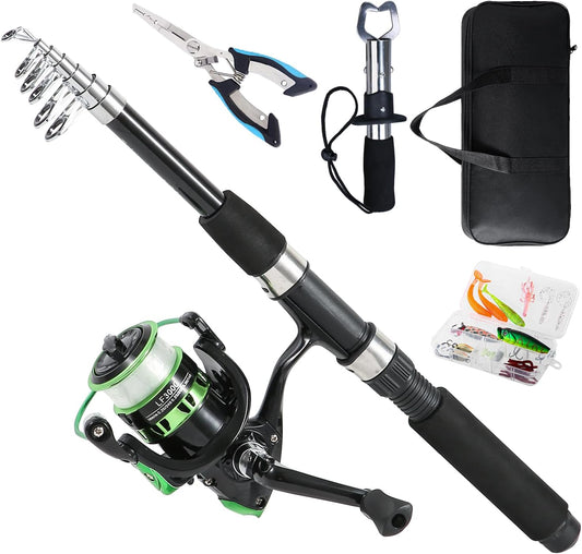 Fishing Rod, 6.9ft Telescopic Fishing Rod and Reel Combo with Fishing Pliers and Lip Gripper Fishing Equipment Pre-Loaded Spinning Reel Combo Set Fishing Pole