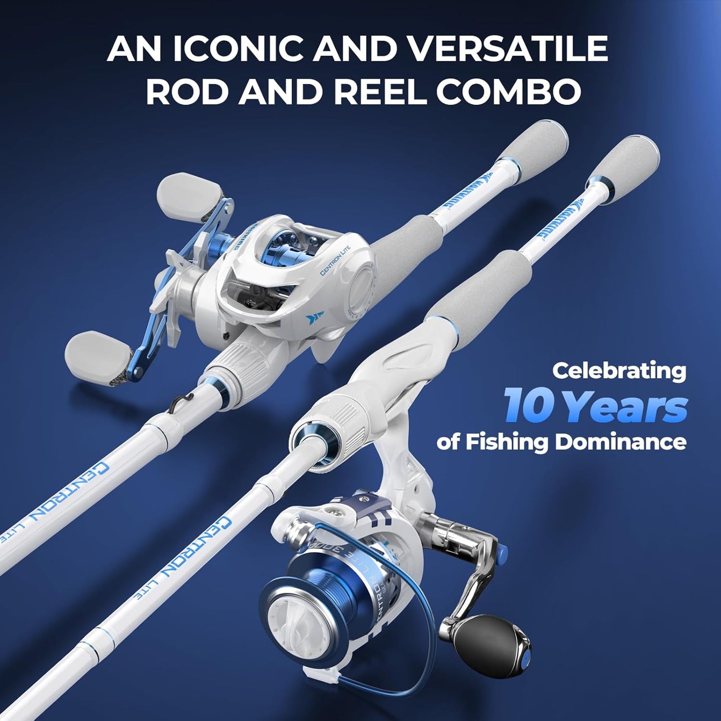 Centron Lite Fishing Rod and Reel Combo, IM6 Graphite 2Pc Blanks, Stainless Steel Guides with Ceramic Rings, Contoured EVA Handles & Fighting Butt, Split or Full Rear Handle Design, 13 Models